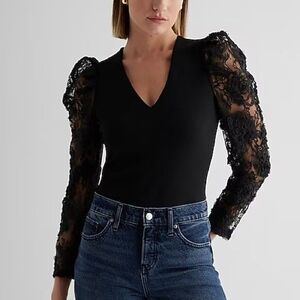 EXPRESS Floral Lace Puff Long Sleeve Thong Bodysuit  Goth Witchy Artsy Medium